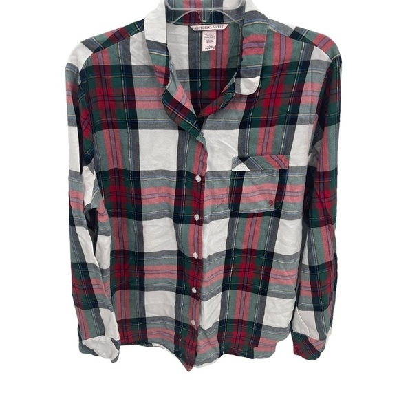 VICTORIA'S SECRET PLAID PAJAMAS Size Medium RED GREEN SPARKLE COTTON flannel - Picture 2 of 9